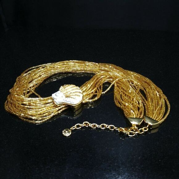 Vintage Talbots Gold Glass Bugle Beaded Necklace White Bead Shell Side Pendant - Picture 6 of 8